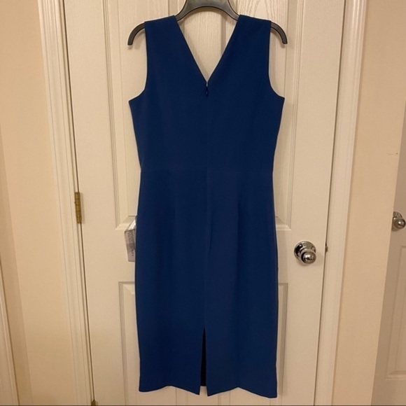 DRESS THE POPULATION Sandy Plunge Neck Stretch Crepe Sheath Dress Graphite Blue - Picture 5 of 12